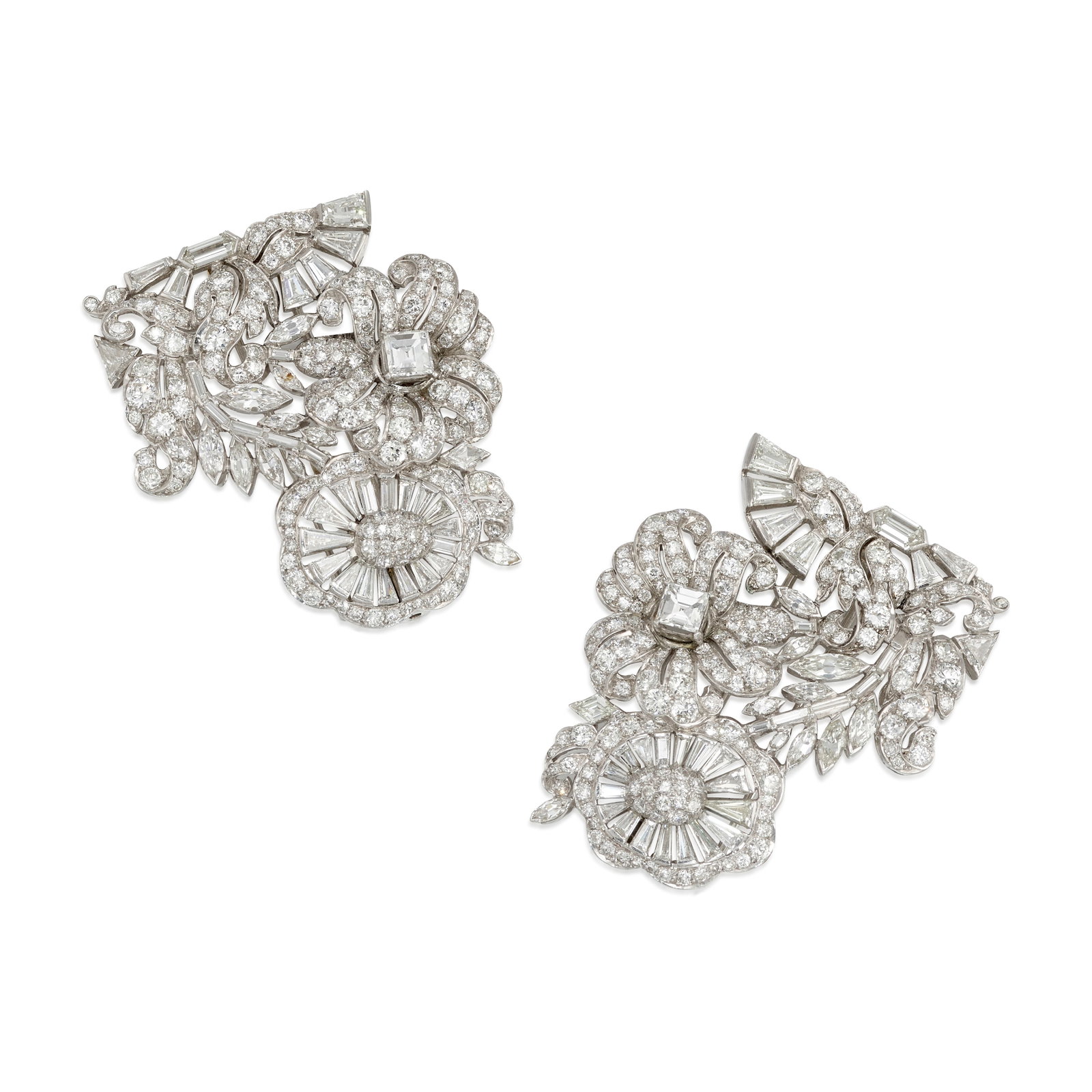 A SET OF PLATINUM AND DIAMOND DRESSCLIPS, CIRCA 1925: A SET OF PLATINUM AND DIAMOND DRESSCLIPS, CIRCA 1925 Each of floral motif, set throughout with old European, transitional, single, baguette, tapered-baguette, square, marquise, modified bullet and