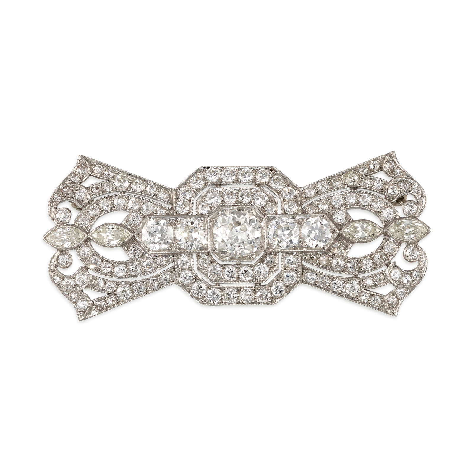 A DIAMOND BROOCH, CIRCA 1920: A DIAMOND BROOCH, CIRCA 1920 Of geometric, bow-inspired design, set throughout with old European, old mine, single-cut and marquise-shaped diamonds; estimated center old European-cut diamond weight