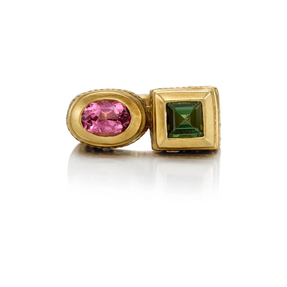 SIEDENGANG: 18K YELLOW GOLD AND TOURMALINE RING: SIEDENGANG: 18K YELLOW GOLD AND TOURMALINE RING • One square and one oval shaped tourmaline weighing approximately 1.25 carats total • Stamped SG for Siedengang • Size 5 •