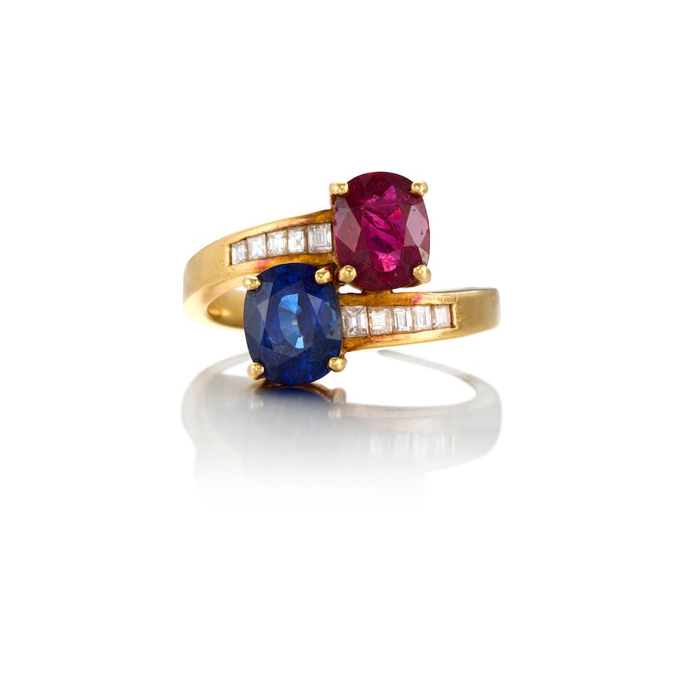 18K YELLOW GOLD, SAPPHIRE, RUBY, AND DIAMOND RING (1 of 2)