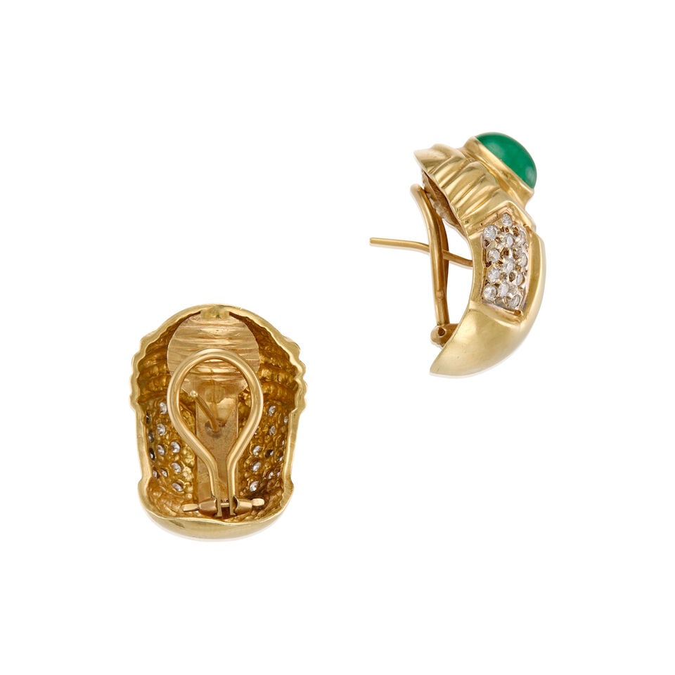 14K YELLOW GOLD, EMERALD AND DIAMOND EARCLIPS - 2