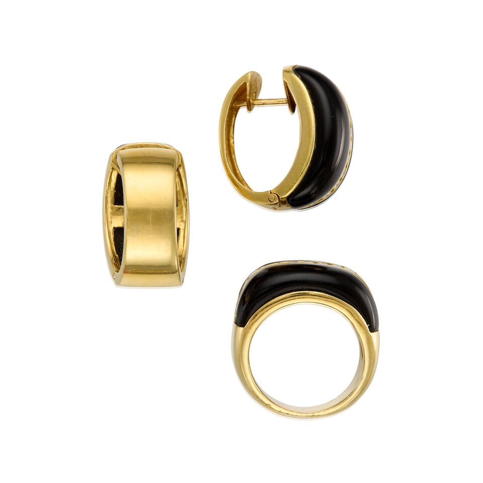 GOLD, ONYX, AND DIAMOND RING AND EARRING SET - 2