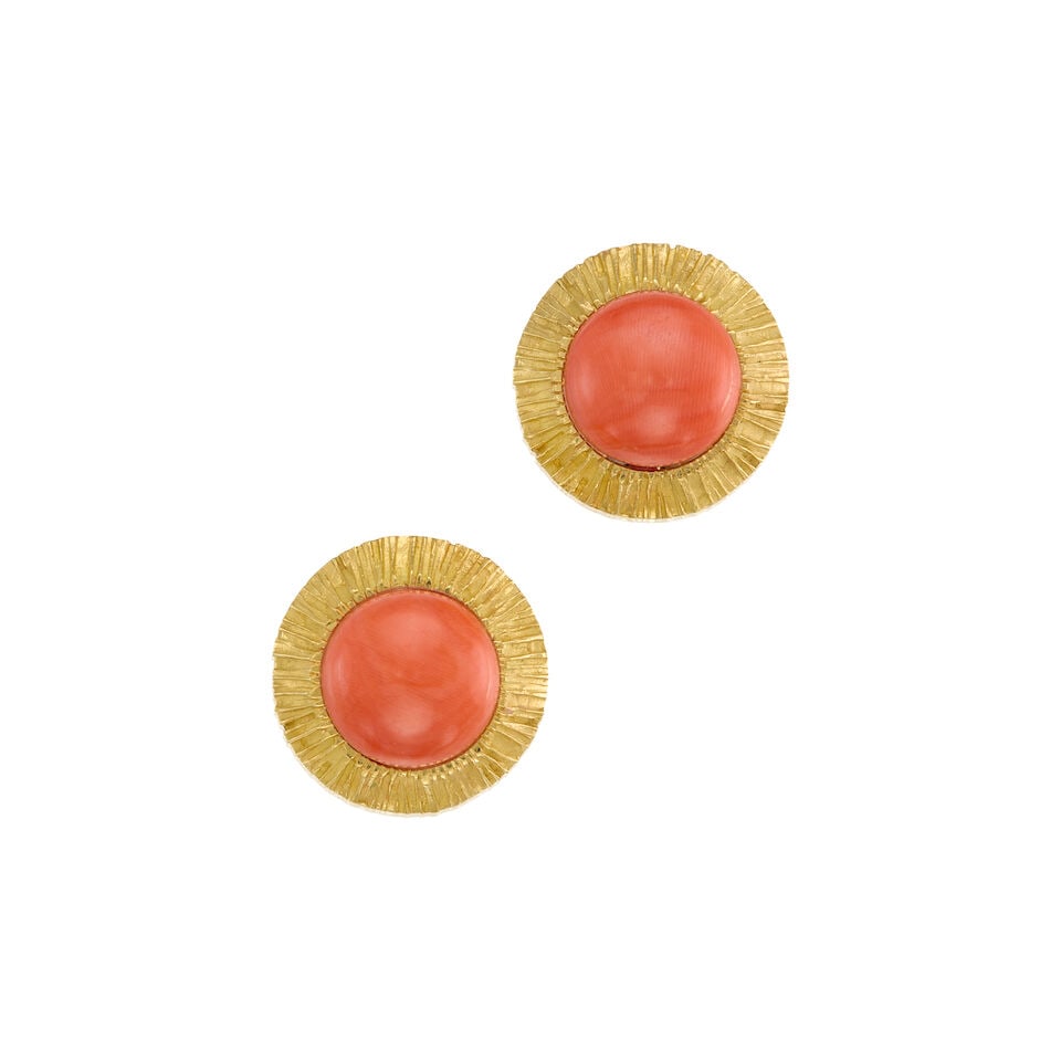 GOLD AND CORAL EARRINGS: GOLD AND CORAL EARRINGS • 18K yellow gold earrings with 14K yellow gold backings • Two round shaped coral measuring approximately 15.30mm in diameter • Measures 1 in. x 1