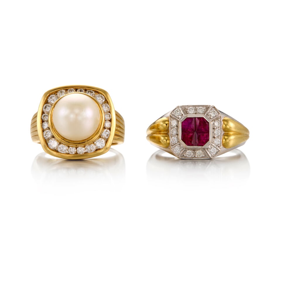 TWO GOLD, RUBY, CULTURED PEARL, AND DIAMOND RINGS (1 of 2)