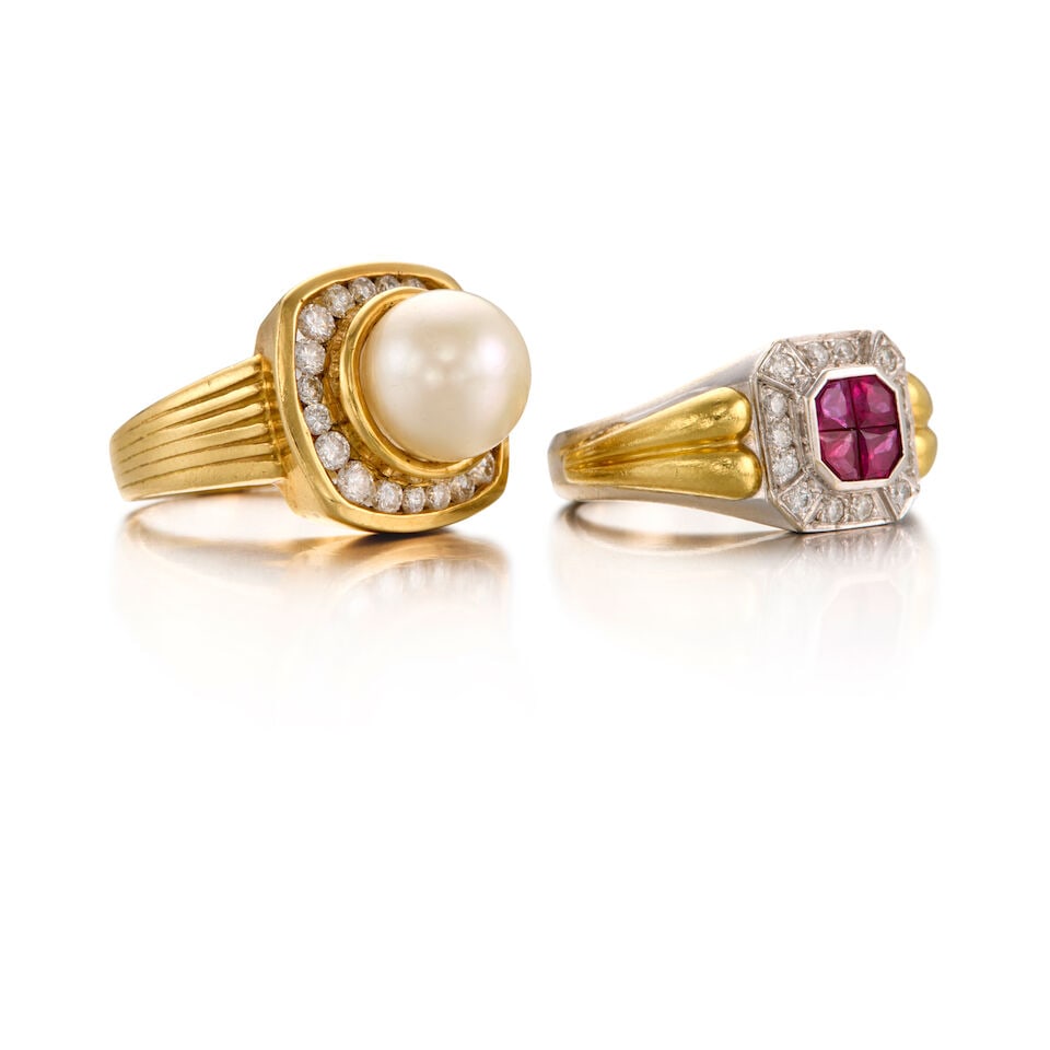 TWO GOLD, RUBY, CULTURED PEARL, AND DIAMOND RINGS - 2