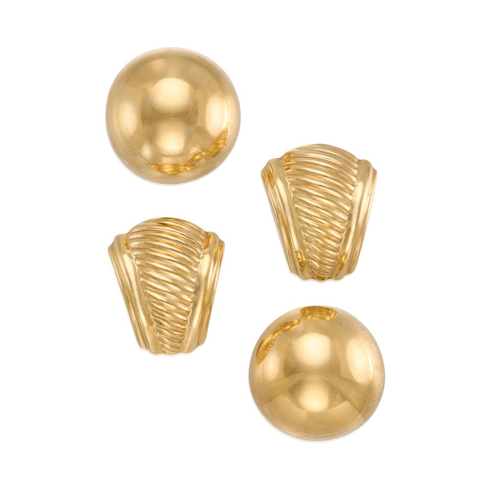TWO PAIRS OF GOLD EARRINGS: TWO PAIRS OF GOLD EARRINGS • A pair of 14K yellow gold dome earrings measuring approximately 1 in. x 1 in. • A pair of 14K yellow gold textured earrings measuring approximately 1 1/16 in.