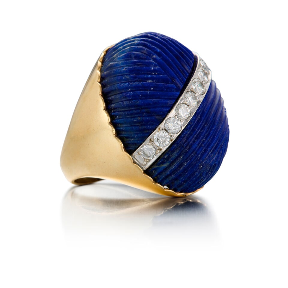 14K YELLOW GOLD, LAPIS LAZULI, AND DIAMOND RING - 2
