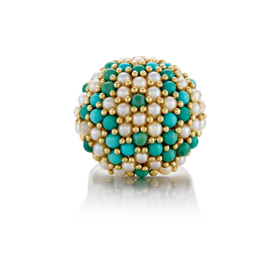 14K YELLOW GOLD, TURQUOISE, AND CULTURED PEARL RING: 14K YELLOW GOLD, TURQUOISE, AND CULTURED PEARL RING • Numerous spherical turquoise beads measuring approximately 3.55mm in diameter • Numerous cultured pearls measuring approximately