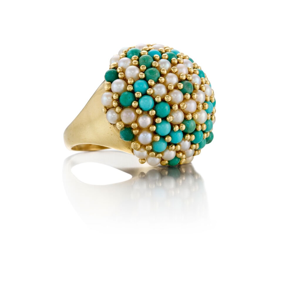 14K YELLOW GOLD, TURQUOISE, AND CULTURED PEARL RING - 2