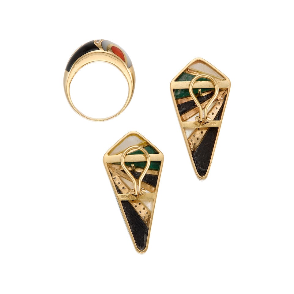 14K YELLOW GOLD AND GEMSET RING AND EARRING SET - 2