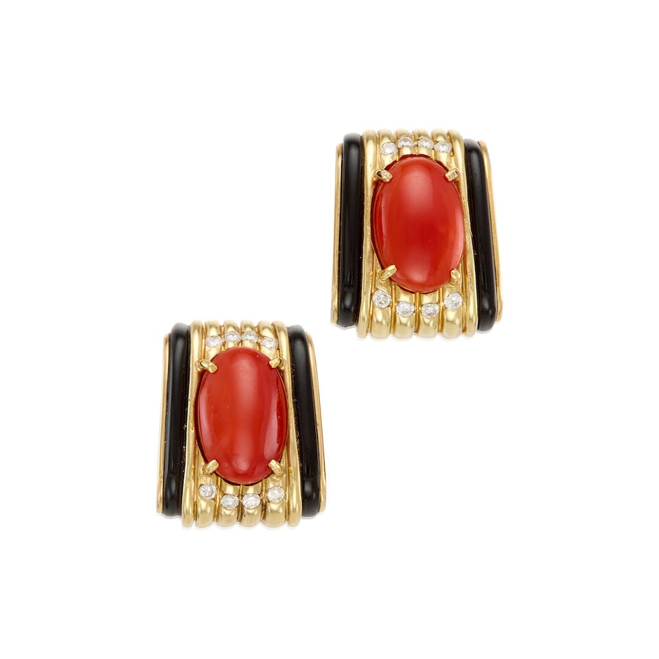 GOLD, CORAL, ONYX, AND DIAMOND EARRINGS: GOLD, CORAL, ONYX, AND DIAMOND EARRINGS • 14K yellow gold earrings with 12K yellow gold backings • Two oval cabochon coral measuring approximately 16.20mm x 10.70mm x depth cannot be