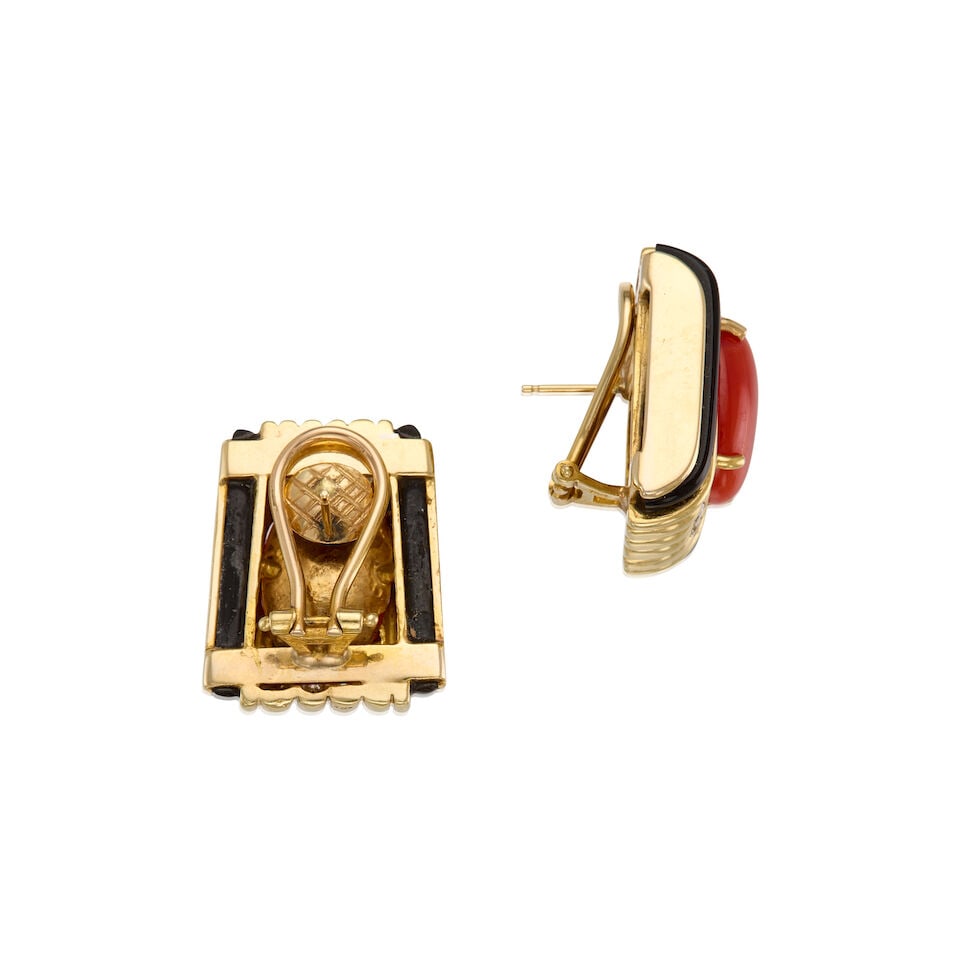GOLD, CORAL, ONYX, AND DIAMOND EARRINGS - 2