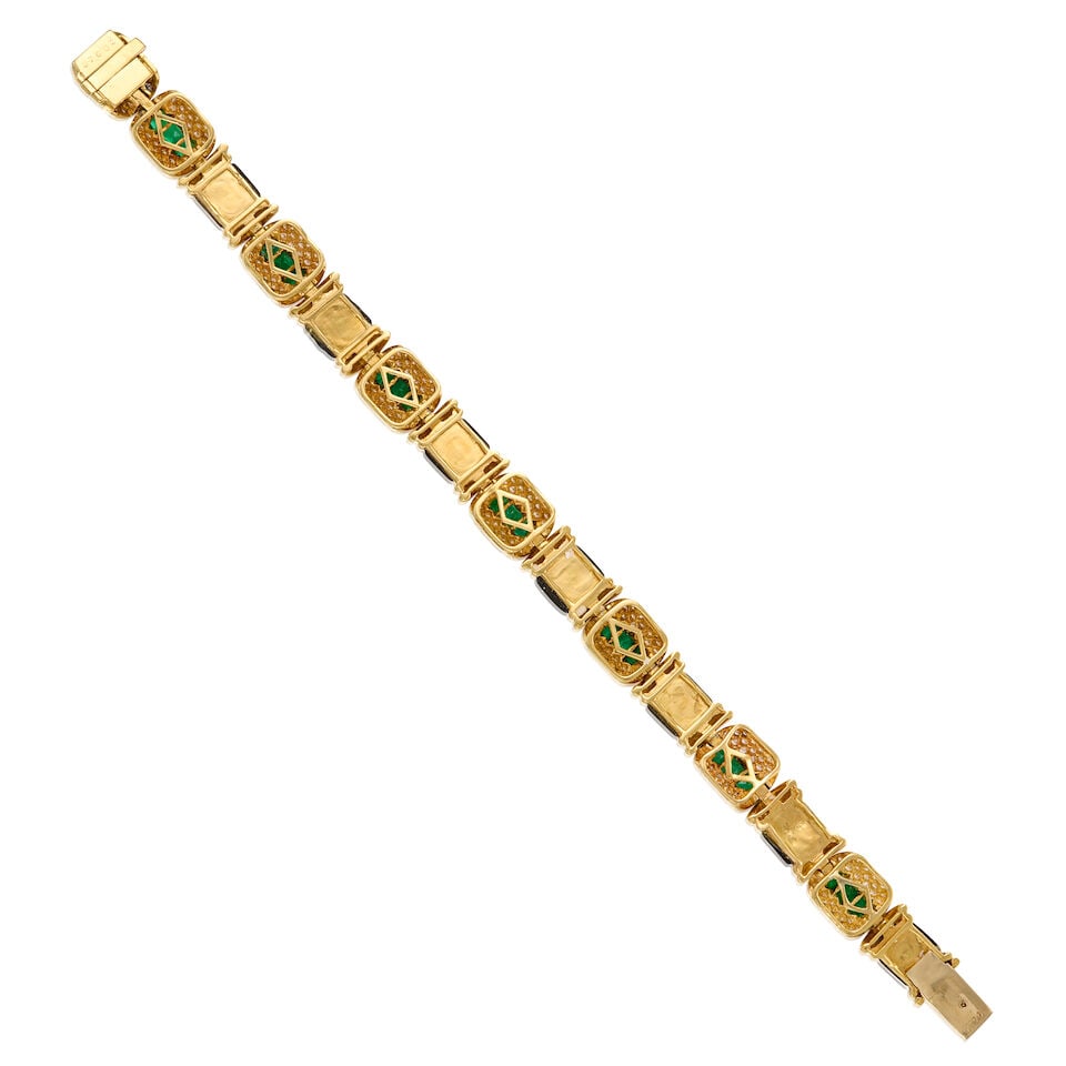 18K YELLOW GOLD, EMERALD, ONYX AND DIAMOND BRACELET - 2