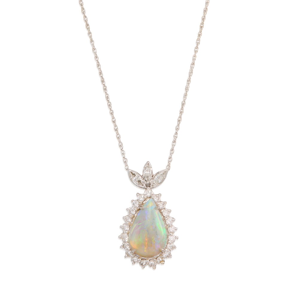 13K WHITE GOLD, OPAL AND DIAMOND NECKLACE (1 of 2)