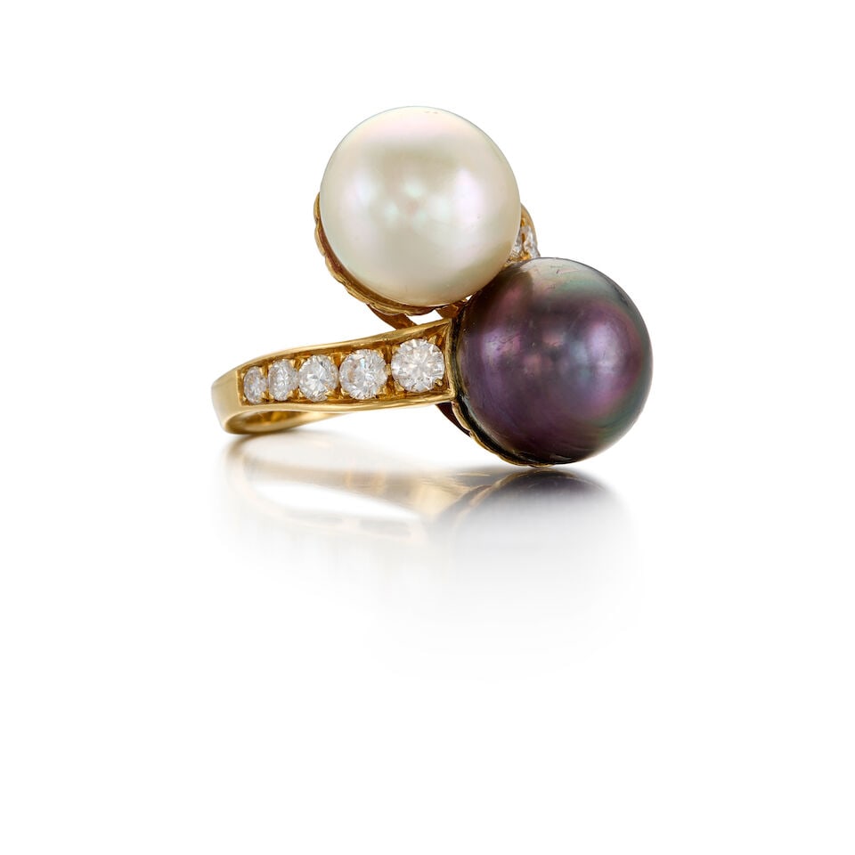 18K YELLOW GOLD, CULTURED PEARL, AND DIAMOND RING - 2
