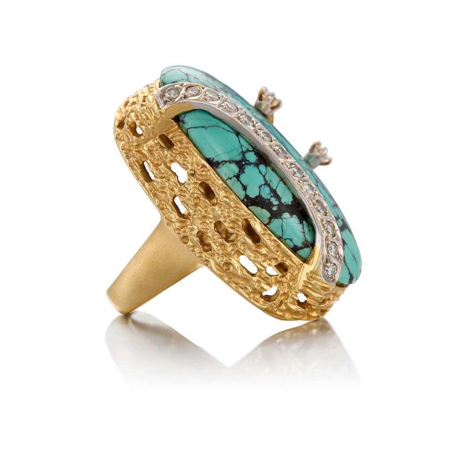18K BICOLORED GOLD, TURQUOISE, AND DIAMOND RING - 2