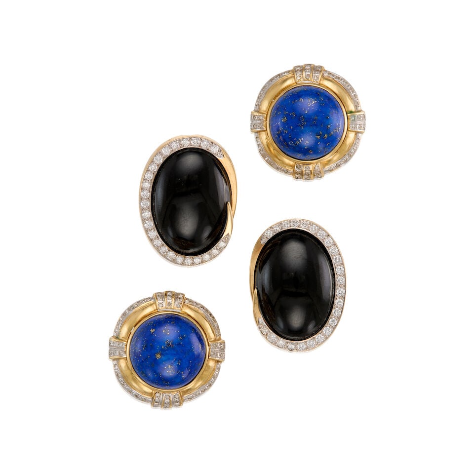 TWO PAIRS OF 14K GOLD, ONYX, LAPIS LAZULI, AND DIAMOND EARRINGS (1 of 2)