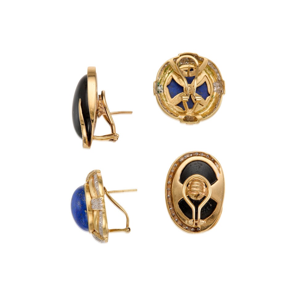 TWO PAIRS OF 14K GOLD, ONYX, LAPIS LAZULI, AND DIAMOND EARRINGS - 2
