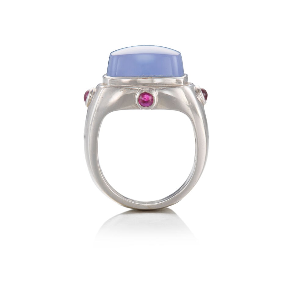 18K WHITE GOLD, CHALCEDONY, AND RUBY RING - 2