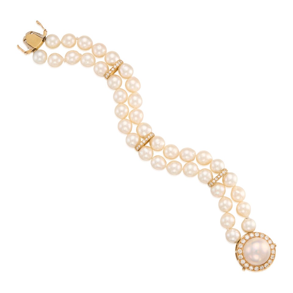 16K YELLOW GOLD, CULTURED PEARL, AND DIAMOND BRACELET: 16K YELLOW GOLD, CULTURED PEARL, AND DIAMOND BRACELET • Two strands of cultured pearls measuring approximately 8.10 to 8.40mm in diameter • One Mabé cultured pearl on the clasp