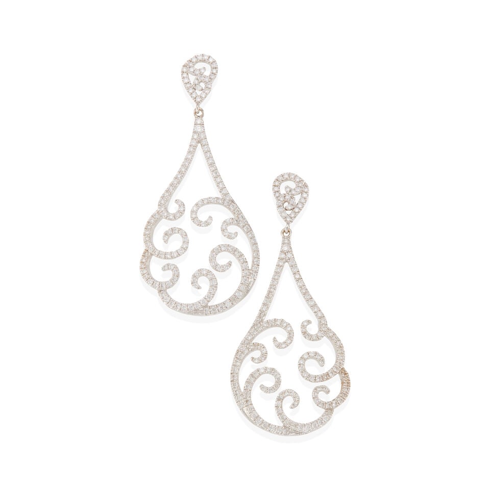 18K WHITE GOLD AND DIAMOND DROP EARRINGS: 18K WHITE GOLD AND DIAMOND DROP EARRINGS • Numerous round shaped diamonds weighing approximately 1 carat total • Measures 1 3/4 x 3/4 in. • Estimated gross weight: 8.6 grams