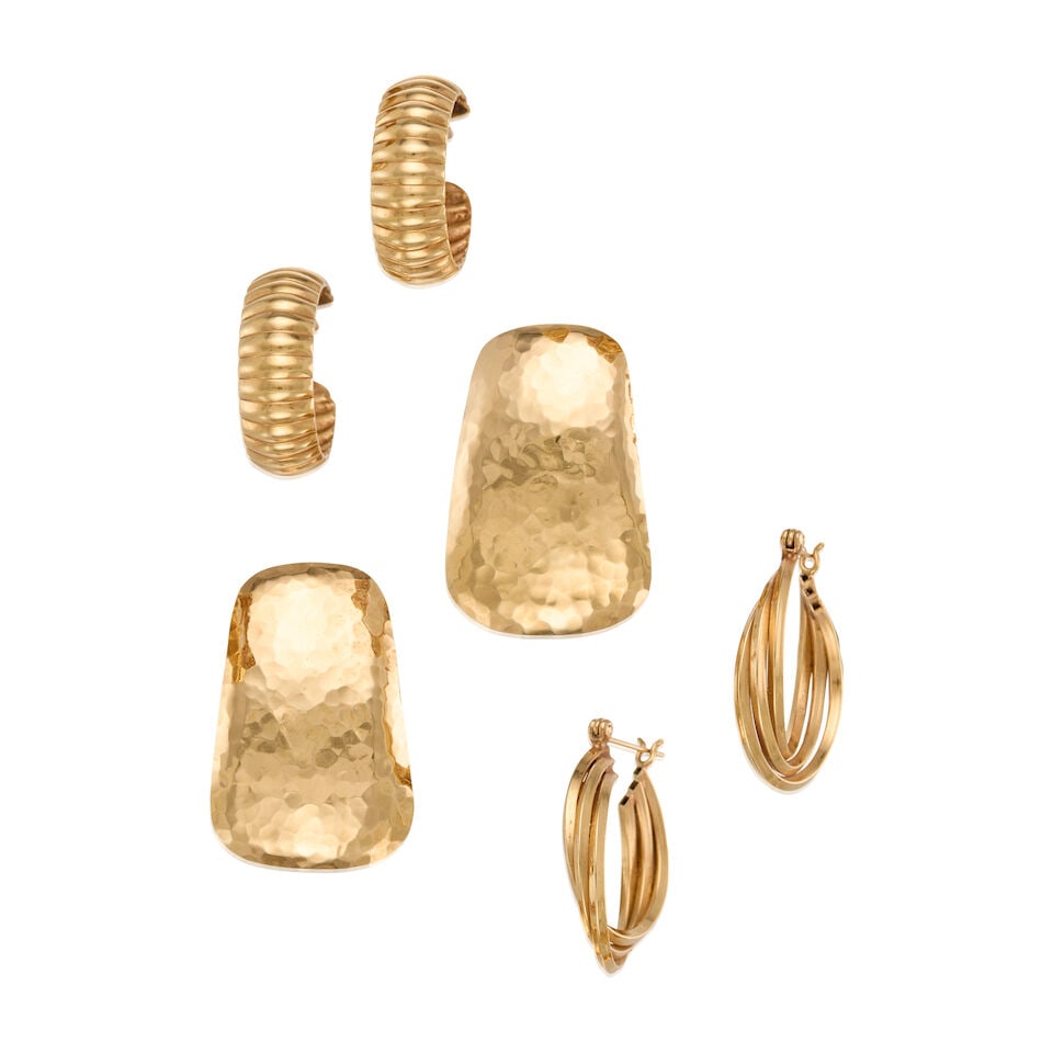 THREE PAIRS OF GOLD EARRINGS: THREE PAIRS OF GOLD EARRINGS • A pair of 14K yellow gold earrings, stamped JOHN ATENCIO, with maker's mark, measures 1 1/4 in. x 13/16 in. • A pair of 14K yellow gold earrings, measures 1