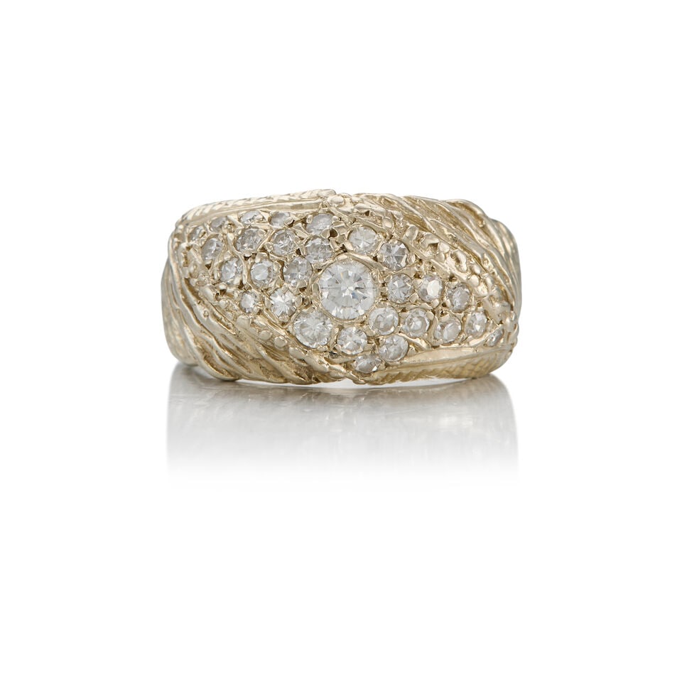 13K WHITE GOLD AND DIAMOND RING: 13K WHITE GOLD AND DIAMOND RING • Two round brilliant-cut diamond weighing approximately 0.27 carat and numerous round single-cut diamonds weighing approximately 0.74 carat total •
