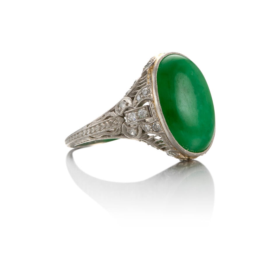 WALTON: PLATINUM, JADE AND DIAMOND RING - 2