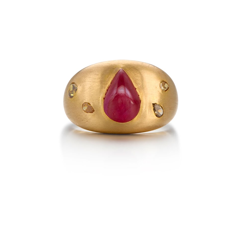 18K GOLD, RUBY AND COLORED DIAMOND RING WITH GIA REPORT: 18K GOLD, RUBY AND COLORED DIAMOND RING WITH GIA REPORT • One pear double cabochon-shaped ruby measuring 10.17mm x 7.17mm x 4.86mm • Accompanied by GIA Gemological Report number