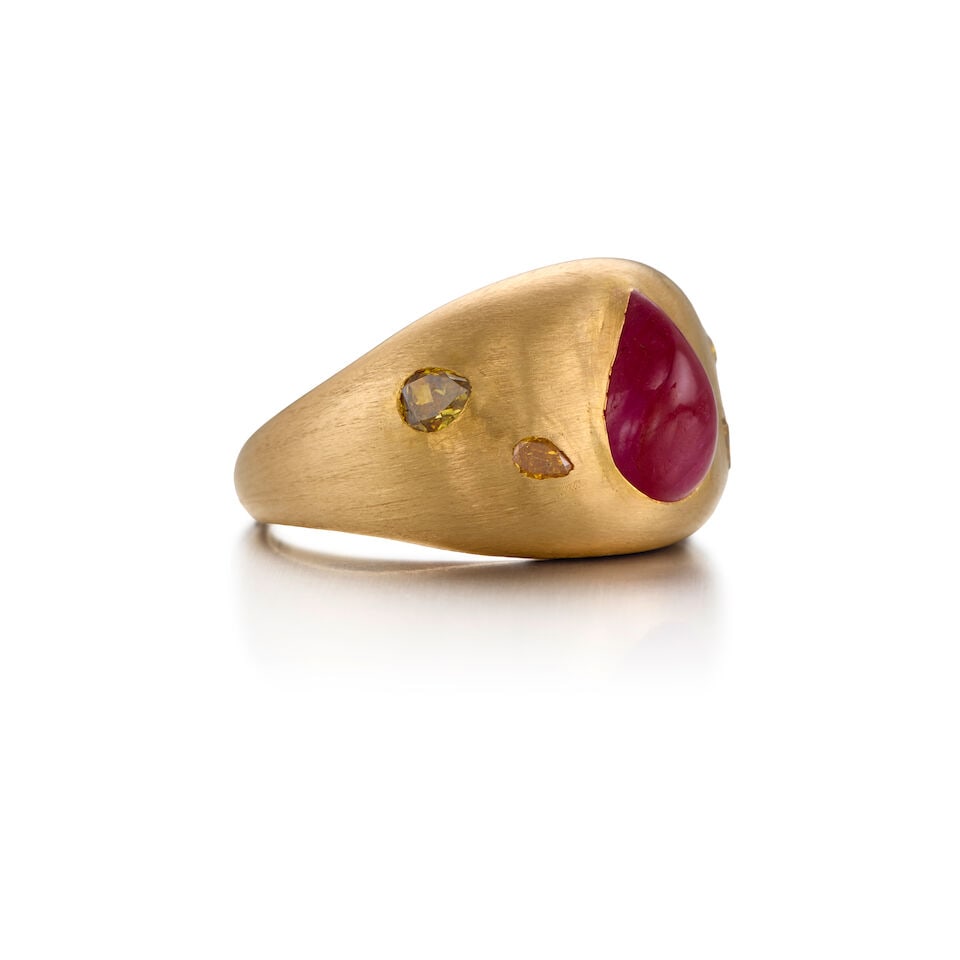 18K GOLD, RUBY AND COLORED DIAMOND RING WITH GIA REPORT - 2