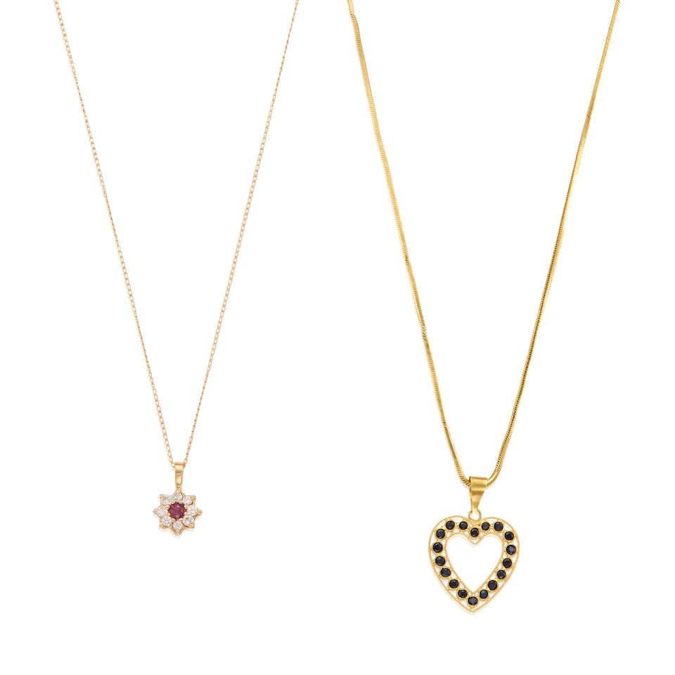 A GOLD, SAPPHIRE, RUBY AND DIAMOND PENDANT WITH CHAIN: A GOLD, SAPPHIRE, RUBY AND DIAMOND PENDANT WITH CHAIN • An 18K gold pendant and chain with eighteen round-shaped sapphires weighing approximately 0.30 carat total, pendant measures 7/8 in. x