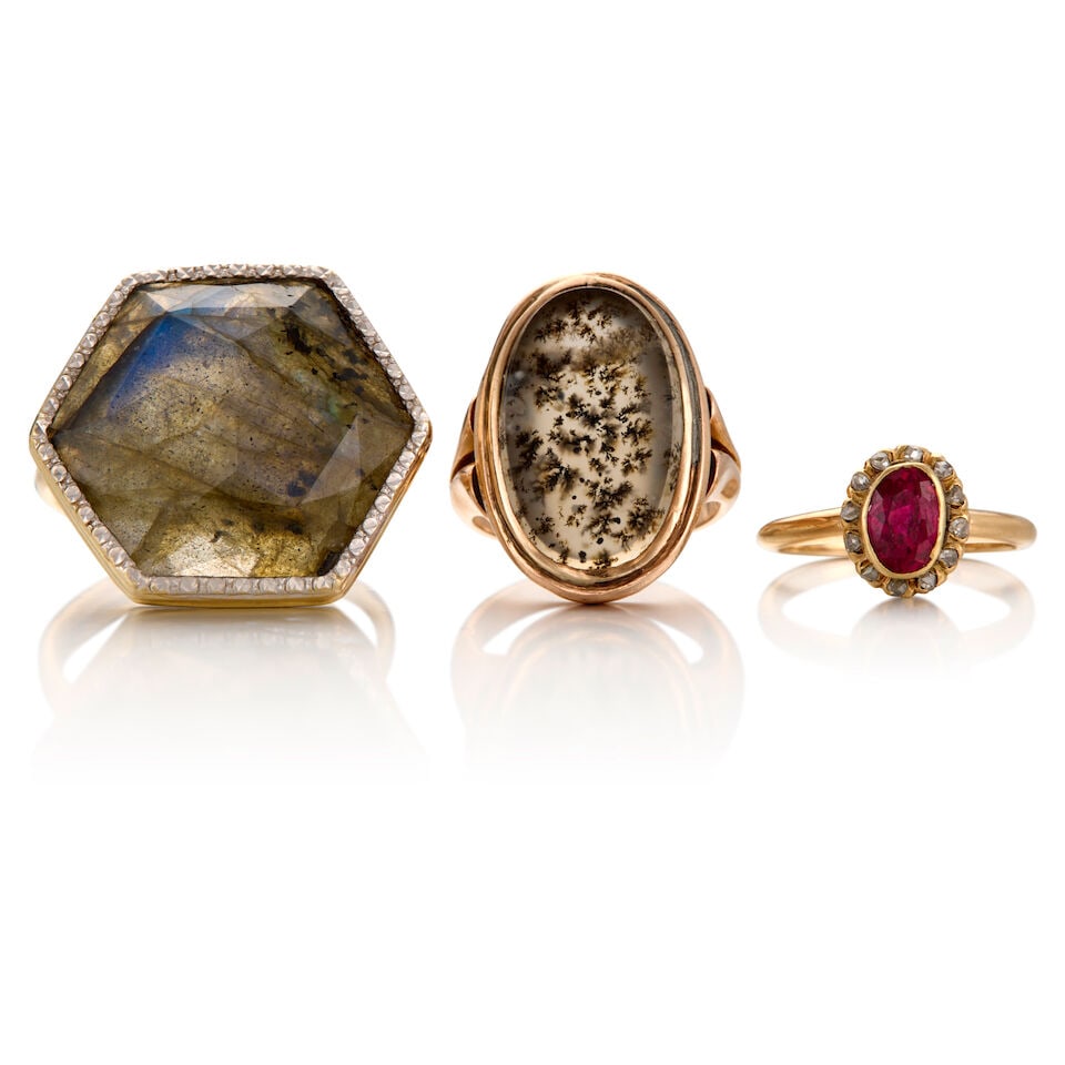 A GROUP OF THREE GOLD AND GEMSET RINGS: A GROUP OF THREE GOLD AND GEMSET RINGS • A 14K gold ring with one octagonal rose-cut labradorite measuring approximately 21.88mm x 19.74mm x 6.33mm, size 8 • A 14K gold ring with one oval-