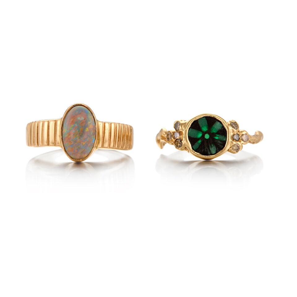 TWO GOLD, TRAPICHE EMERALD, DIAMOND AND OPAL RINGS: TWO GOLD, TRAPICHE EMERALD, DIAMOND AND OPAL RINGS • A 14K gold ring with one round tablet-shaped trapiche emerald measuring approximately 7.57mm x 7.03mm x 1.61mm and eight round-shaped diamond