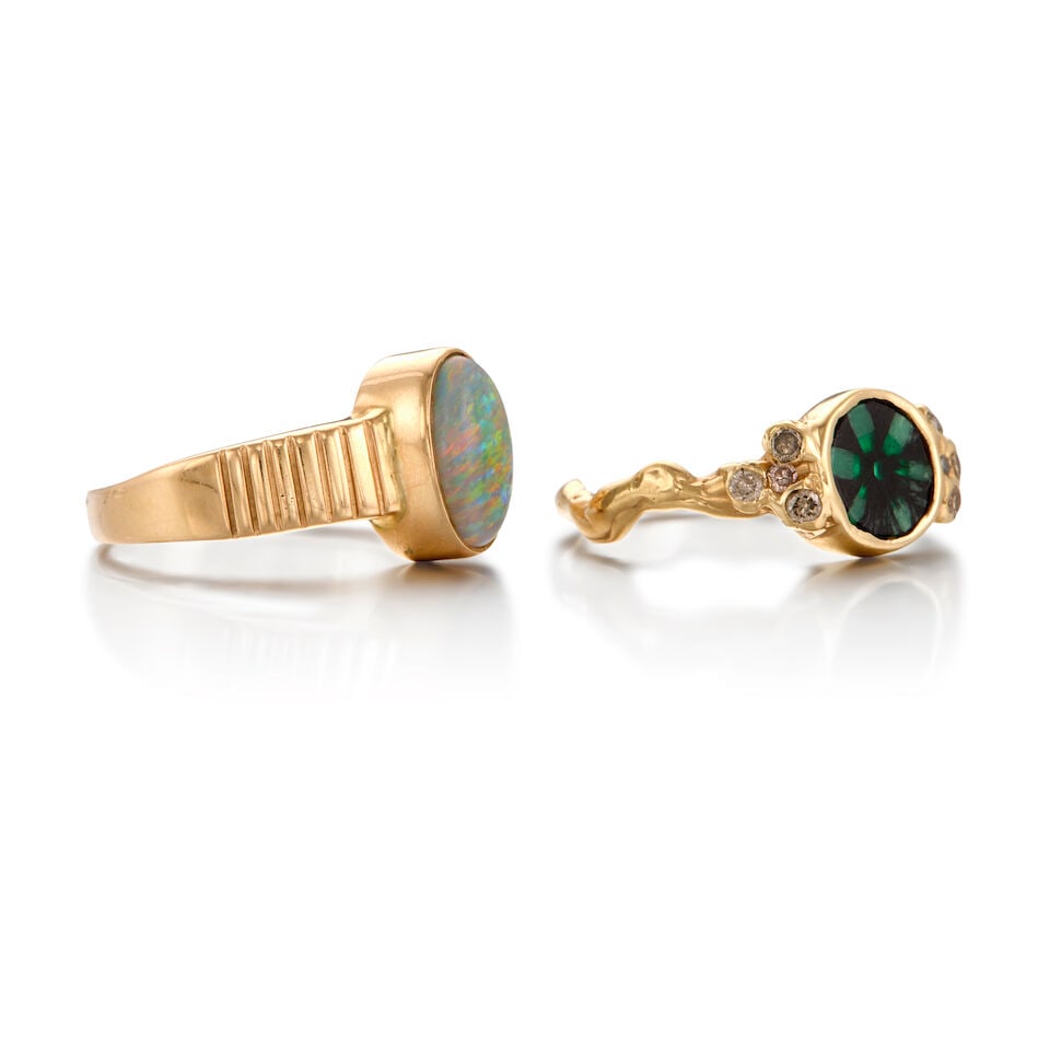 TWO GOLD, TRAPICHE EMERALD, DIAMOND AND OPAL RINGS - 2