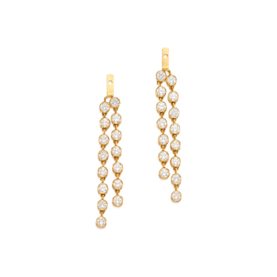 15K GOLD AND DIAMOND EARRING JACKETS: 15K GOLD AND DIAMOND EARRING JACKETS • Thirty round-shaped diamonds weighing approximately 1.80 carats total • Measures 1 3/4 in. x 1/4 in. • Estimated gross weight: 3.90