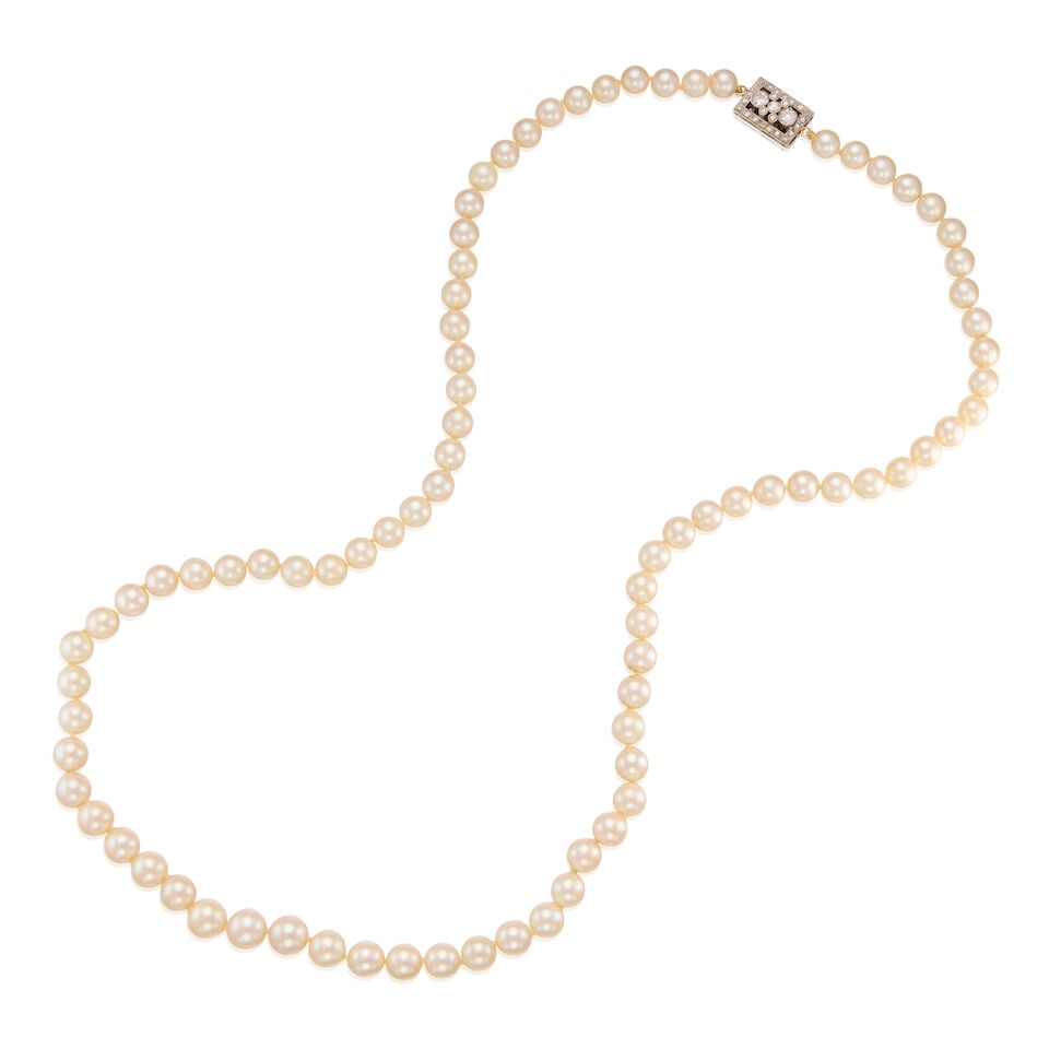 CULTURED PEARL AND DIAMOND NECKLACE: CULTURED PEARL AND DIAMOND NECKLACE • Platinum-topped gold and 13K white gold • Eighty-three cultured pearls measuring approximately 8.05mm to 10.01mm in diameter • Three old