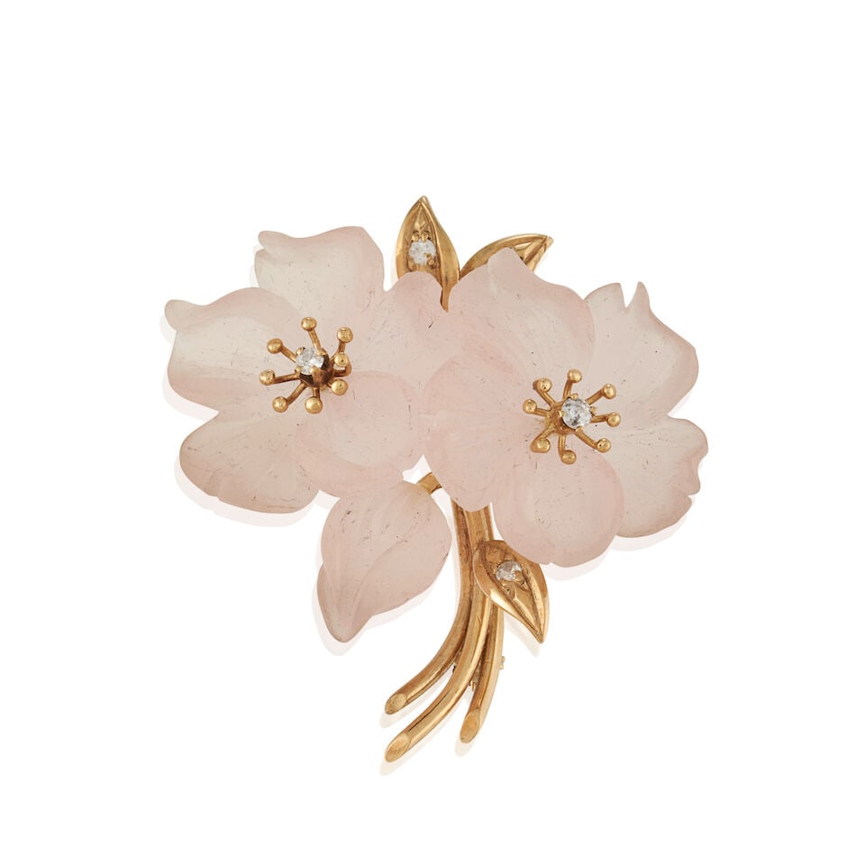 14K YELLOW GOLD, ROCK CRYSTAL, AND DIAMOND BROOCH: 14K YELLOW GOLD, ROCK CRYSTAL, AND DIAMOND BROOCH • Three carved rock crystal measuring approximately 11.02mm to 19.23mm in diameter • Five round shaped diamonds weighing approximately 0.0