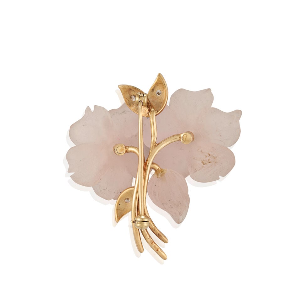 14K YELLOW GOLD, ROCK CRYSTAL, AND DIAMOND BROOCH - 3