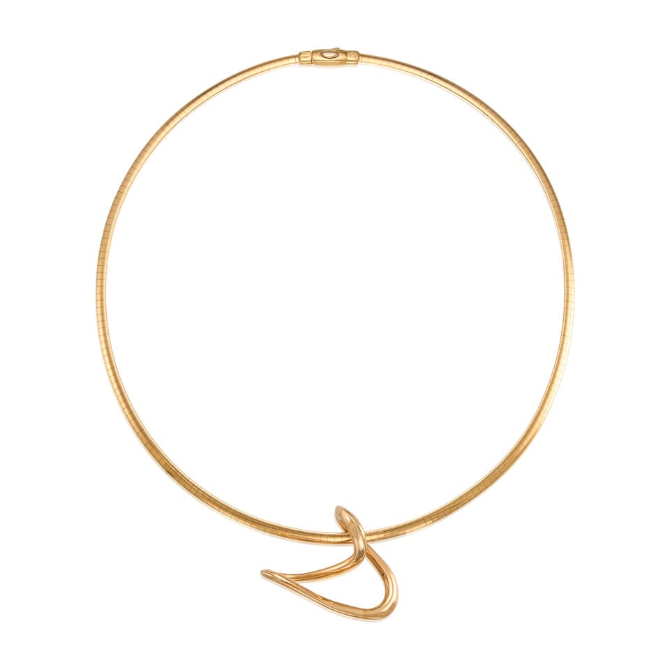 RANCANGELO: 14K GOLD, OMEGA COLLAR WITH SCAVEZZE PENDANT: RANCANGELO: 14K GOLD, OMEGA COLLAR WITH SCAVEZZE PENDANT • A 14K yellow and white gold collar necklace, stamped 'RANCANGELO', length 15 1/2 • A 14K gold pendant, stamped 'SCAVEZZE',