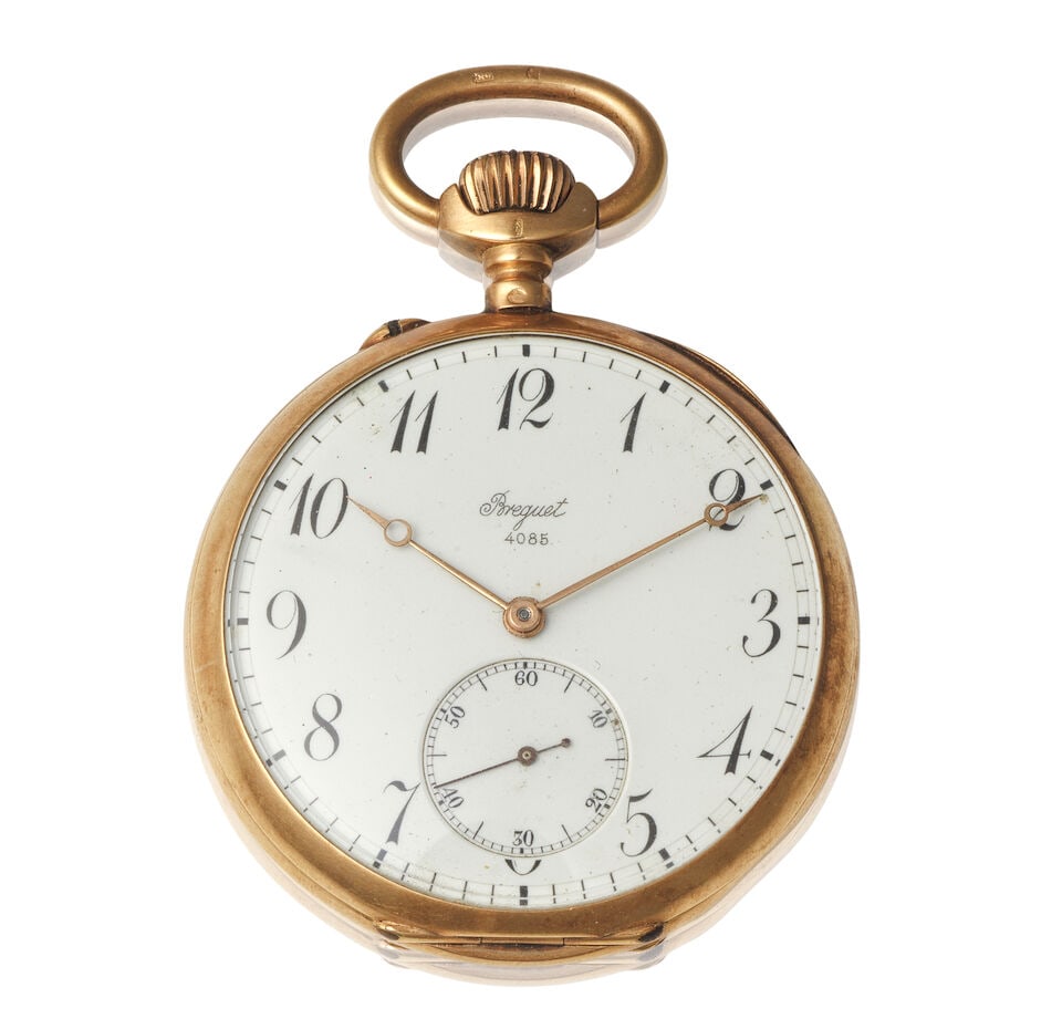 Breguet. An 18K gold open face keyless wind pocket watch Breguet. Montre de gousset à cadra...: Breguet. An 18K gold open face keyless wind pocket watch Breguet. Montre de gousset à cadran ouvert en or jaune 18K (750) remontoir au pendant Model: No.4085 Date: Circa 1901 Movement: 18-jewel k