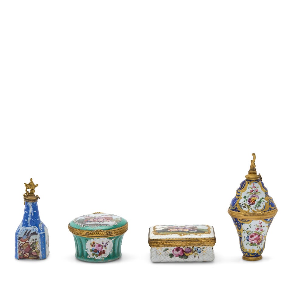 Four South Staffordshire Enamel Items, 18th century,: Four South Staffordshire Enamel Items, 18th century, each polychrome decorated, a rectangular box with birds and fruits, portrait of a maiden under the cover, wd. 2 1/2, dp. 1 3/4; a basket-shaped rou