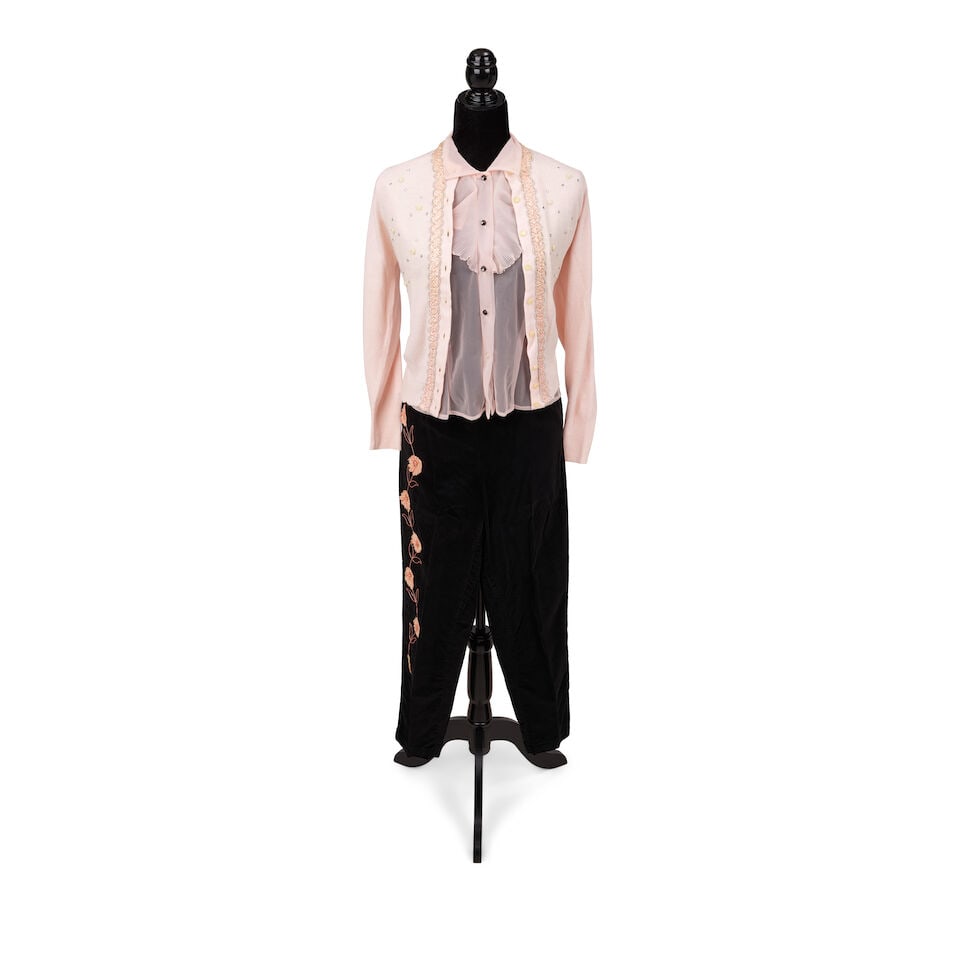 TWO VINTAGE PEDAL PUSHERS LOOKS 1980s, styled by Cyndi Lauper: TWO VINTAGE PEDAL PUSHERS LOOKS 1980s, styled by Cyndi Lauper First look: an Erlon Original pink embellished cardigan, a Collegiana sheer pink blouse, and a pair of black velvet pants with
