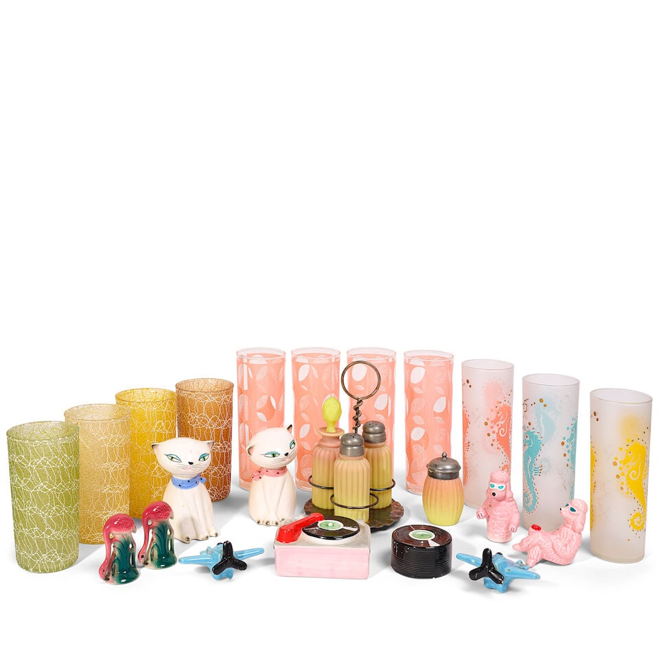 A GROUP OF CYNDI LAUPER'S PASTEL TABLE DECORATIONS Late 19th-20th century: A GROUP OF CYNDI LAUPER'S PASTEL TABLE DECORATIONS Late 19th-20th century Comprising seven tall water glasses, four water glasses, four Mt. Washington Burmese glass condiment bottles with a silver-pla