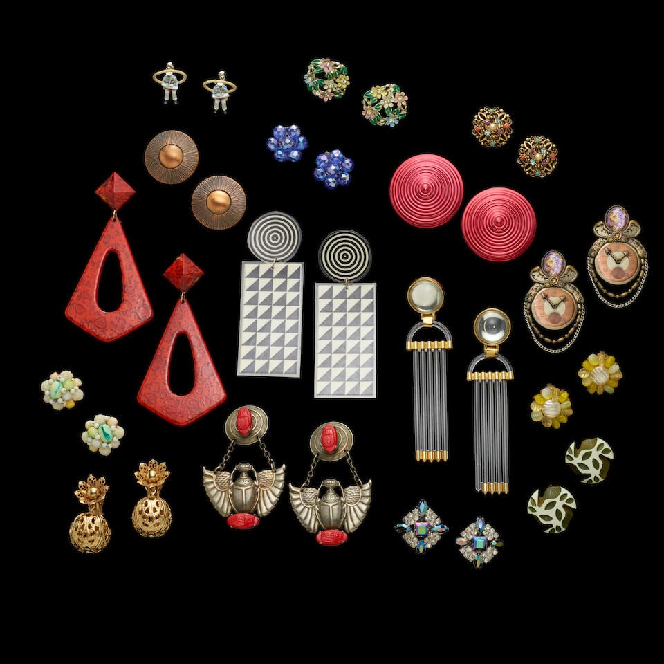 A GROUP OF STAGE-WORN VINTAGE CLIP-ON EARRINGS 1980s (1 of 2)