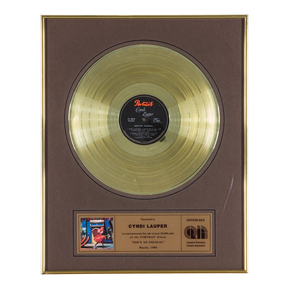 A GROUP OF FRAMED CANADIAN RECORDING INDUSTRY ASSOCIATION AWARDS PRESENTED TO CYNDI LAUPER 1984: A GROUP OF FRAMED CANADIAN RECORDING INDUSTRY ASSOCIATION AWARDS PRESENTED TO CYNDI LAUPER 1984 Comprising a Gold Award dated March 1984, a Platinum Award dated April 1984, and a Quintuple Platinum Aw
