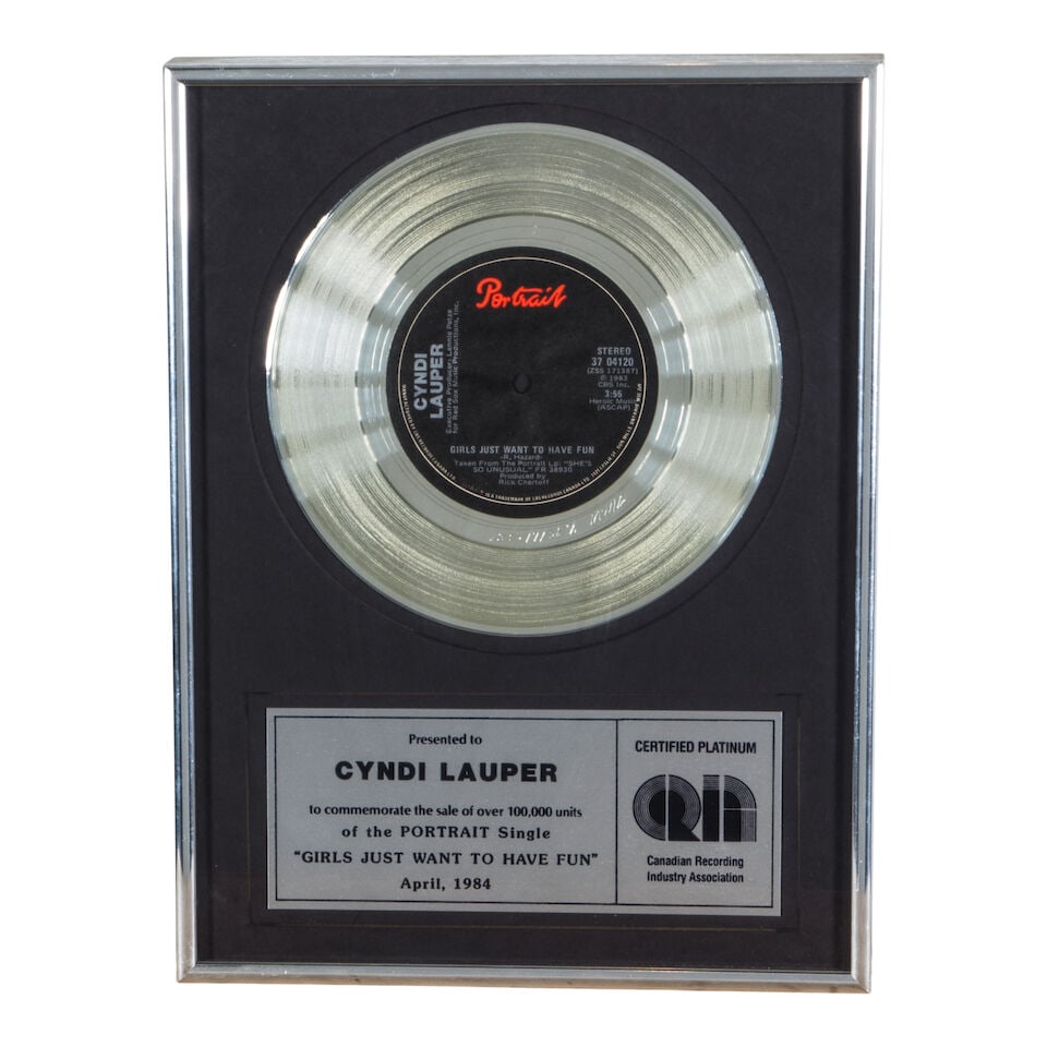 A GROUP OF FRAMED CANADIAN RECORDING INDUSTRY ASSOCIATION AWARDS PRESENTED TO CYNDI LAUPER 1984 - 2