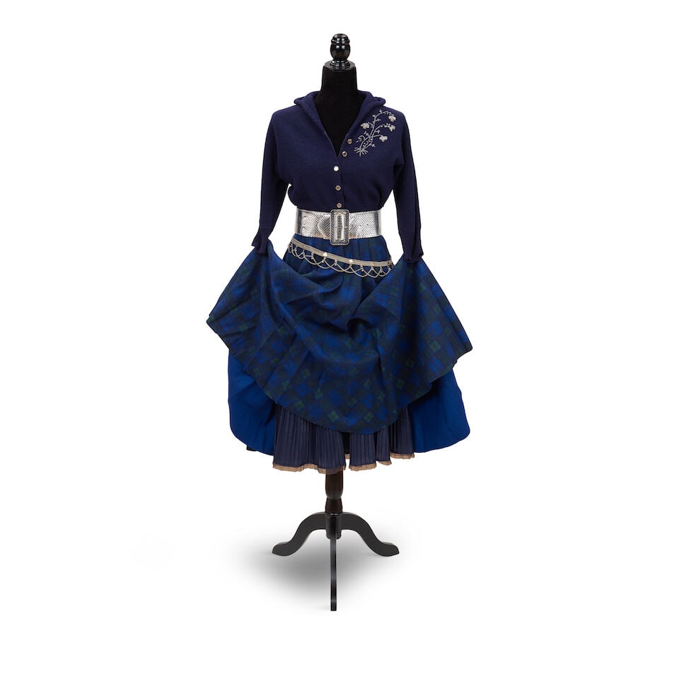 TWO LAYERED LOOKS 1980s, styled by Cyndi Lauper: TWO LAYERED LOOKS 1980s, styled by Cyndi Lauper First look: an embellished navy blue cardigan, a blue and green plaid skirt, a Powers Model nylon navy blue pleated underskirt, medium, a silver-tone