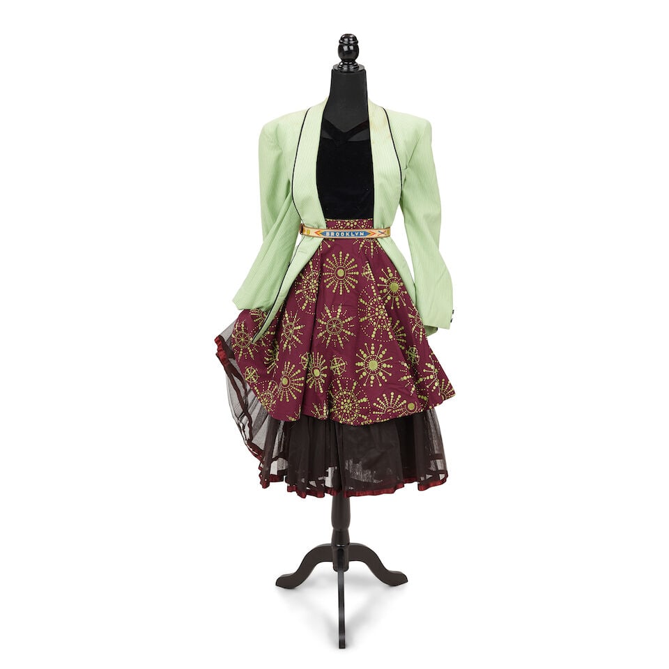 TWO LAYERED LOOKS 1980s, styled by Cyndi Lauper: TWO LAYERED LOOKS 1980s, styled by Cyndi Lauper First look: a lime green striped blazer, a black velvet top, a Thea Anema purple and green skirt, medium, a Betsey Johnson black tulle skirt with