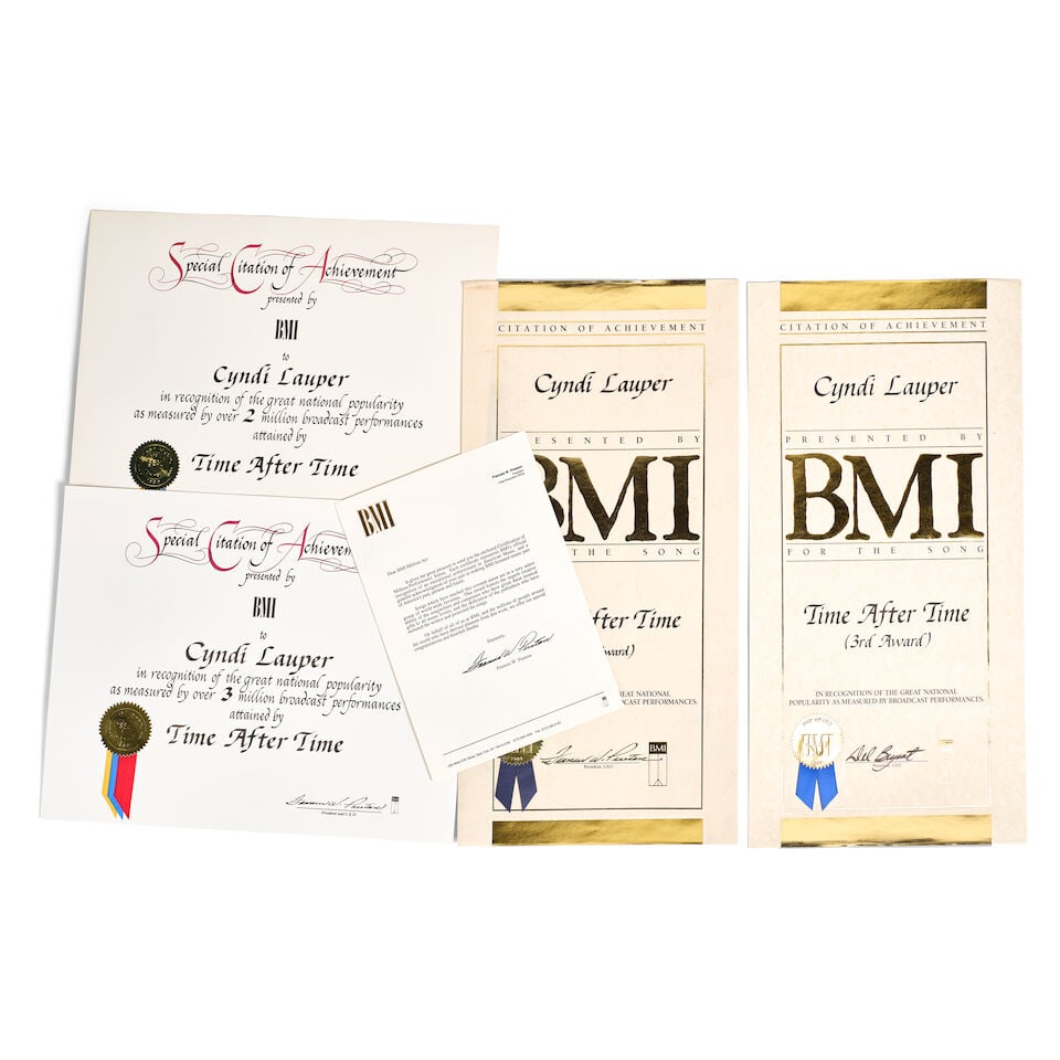 A GROUP OF BROADCAST MUSIC, INC. AWARD MATERIALS FOR 'TIME AFTER TIME' PRESENTED TO CYNDI LAUPER (1 of 2)