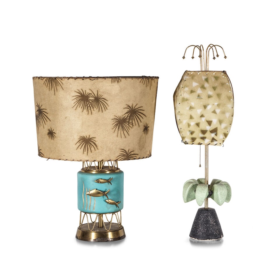 TWO VINTAGE PALM-MOTIF TABLE LAMPS 1980s: TWO VINTAGE PALM-MOTIF TABLE LAMPS 1980s height of taller 27 1/2in Footnotes: The fish lamp from Cyndi Lauper's New York apartment. This lot is subject to the following lot symbols: ¤ ¤ Unle